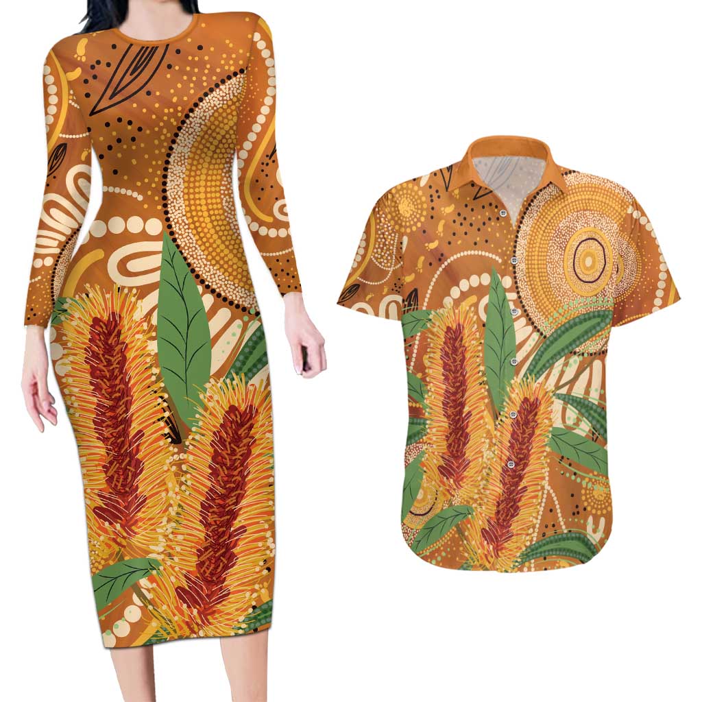 Australia Bottlebrush Couples Matching Long Sleeve Bodycon Dress and Hawaiian Shirt Callistemon Aussie Native Flowers Indigenous Art - Aussie Hoodie