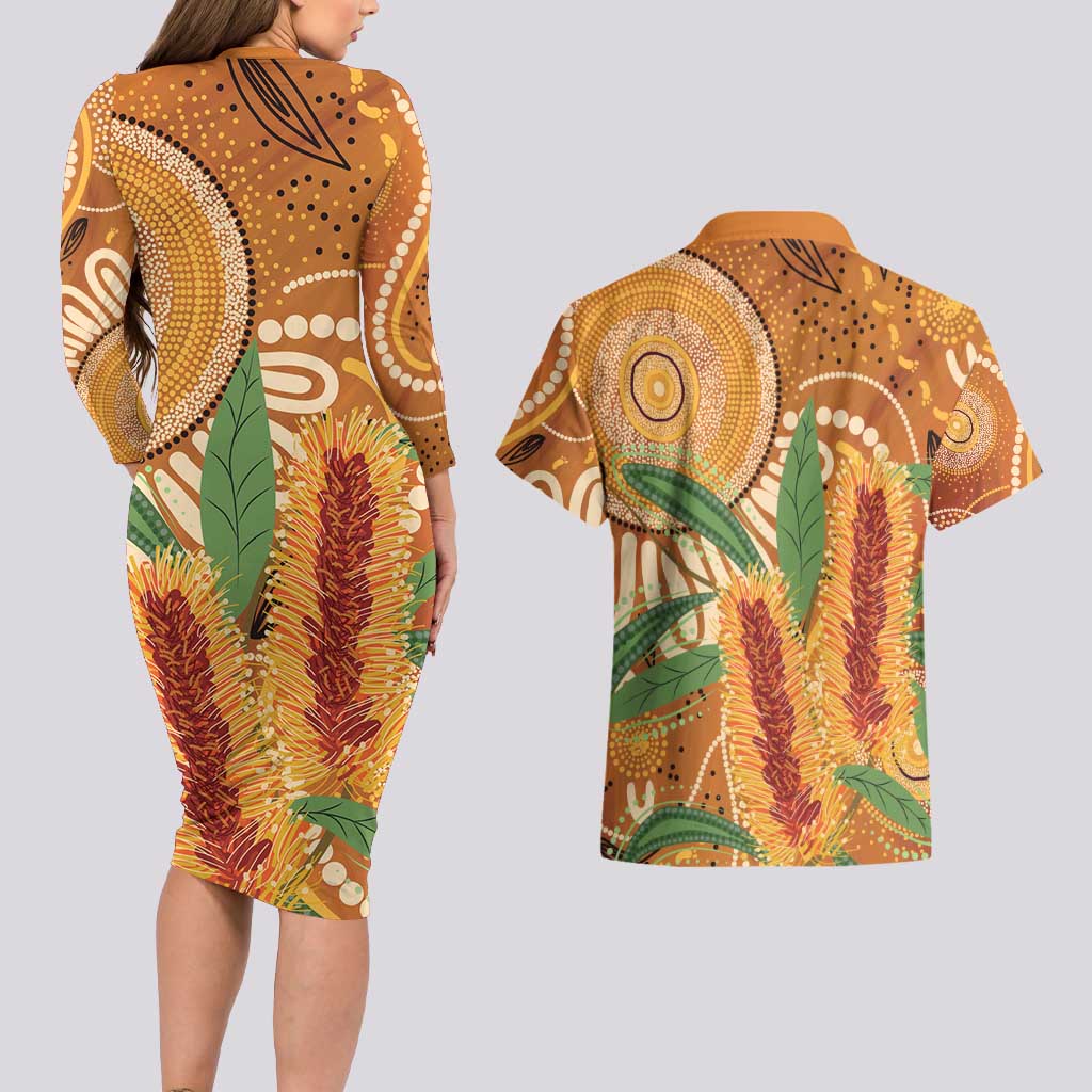 Australia Bottlebrush Couples Matching Long Sleeve Bodycon Dress and Hawaiian Shirt Callistemon Aussie Native Flowers Indigenous Art - Aussie Hoodie