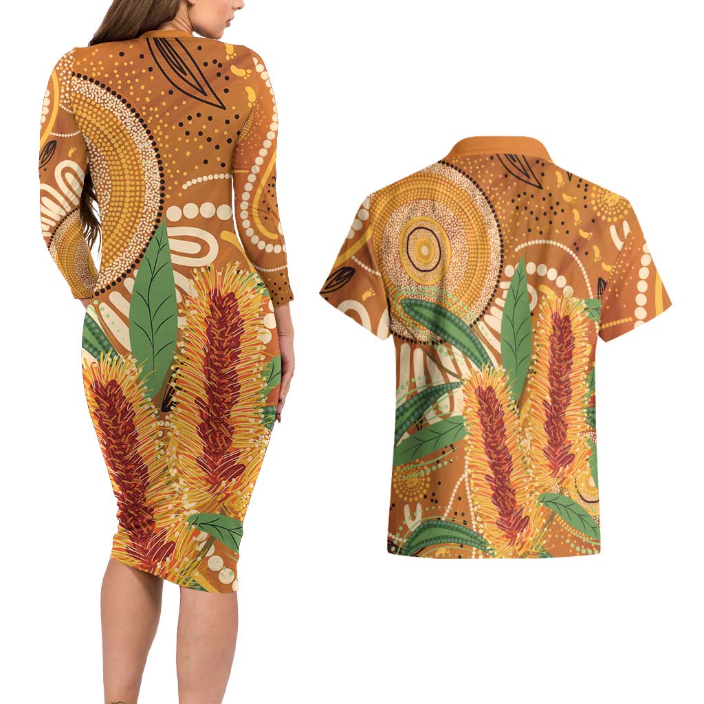 Australia Bottlebrush Couples Matching Long Sleeve Bodycon Dress and Hawaiian Shirt Callistemon Aussie Native Flowers Indigenous Art - Aussie Hoodie