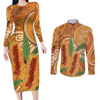 Australia Bottlebrush Couples Matching Long Sleeve Bodycon Dress and Long Sleeve Button Shirt Callistemon Aussie Native Flowers Indigenous Art - Aussie Hoodie