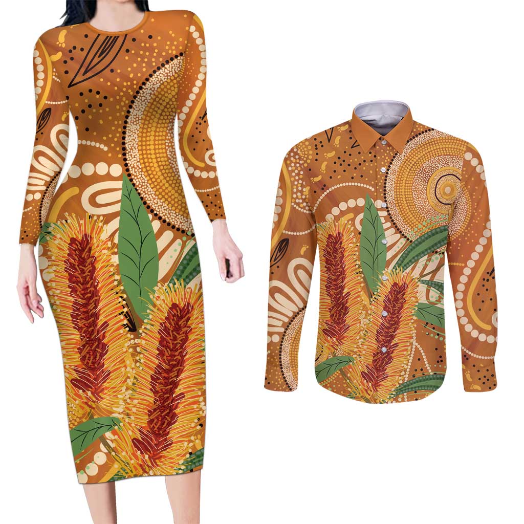 Australia Bottlebrush Couples Matching Long Sleeve Bodycon Dress and Long Sleeve Button Shirt Callistemon Aussie Native Flowers Indigenous Art - Aussie Hoodie