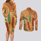 Australia Bottlebrush Couples Matching Long Sleeve Bodycon Dress and Long Sleeve Button Shirt Callistemon Aussie Native Flowers Indigenous Art - Aussie Hoodie