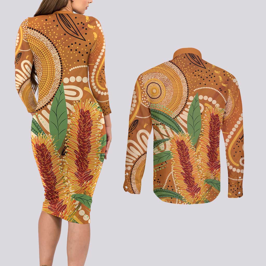 Australia Bottlebrush Couples Matching Long Sleeve Bodycon Dress and Long Sleeve Button Shirt Callistemon Aussie Native Flowers Indigenous Art - Aussie Hoodie