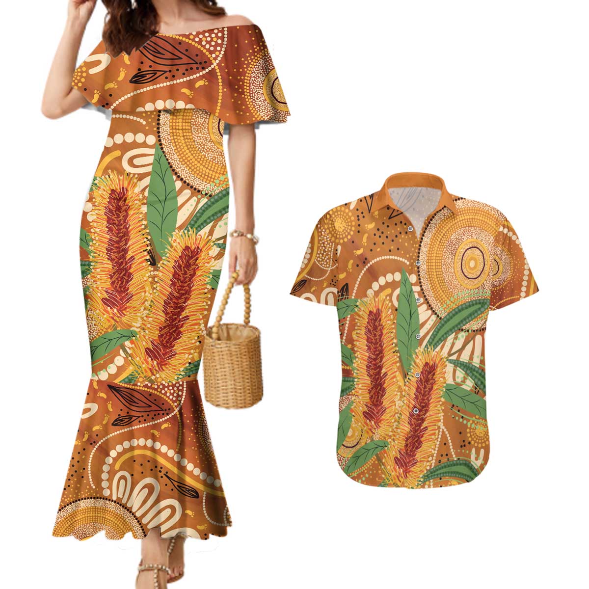 Australia Bottlebrush Couples Matching Mermaid Dress and Hawaiian Shirt Callistemon Aussie Native Flowers Indigenous Art - Aussie Hoodie