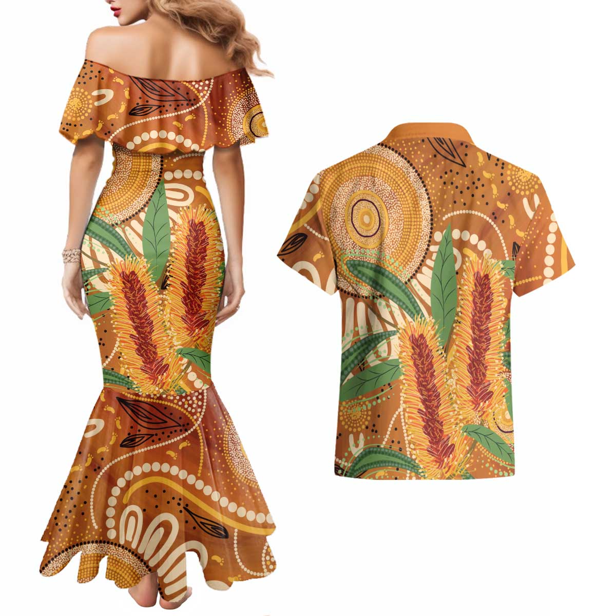 Australia Bottlebrush Couples Matching Mermaid Dress and Hawaiian Shirt Callistemon Aussie Native Flowers Indigenous Art - Aussie Hoodie