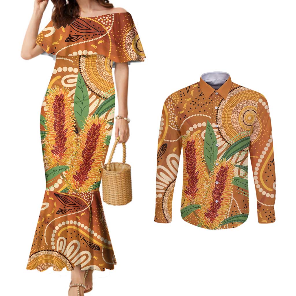 Australia Bottlebrush Couples Matching Mermaid Dress and Long Sleeve Button Shirt Callistemon Aussie Native Flowers Indigenous Art - Aussie Hoodie