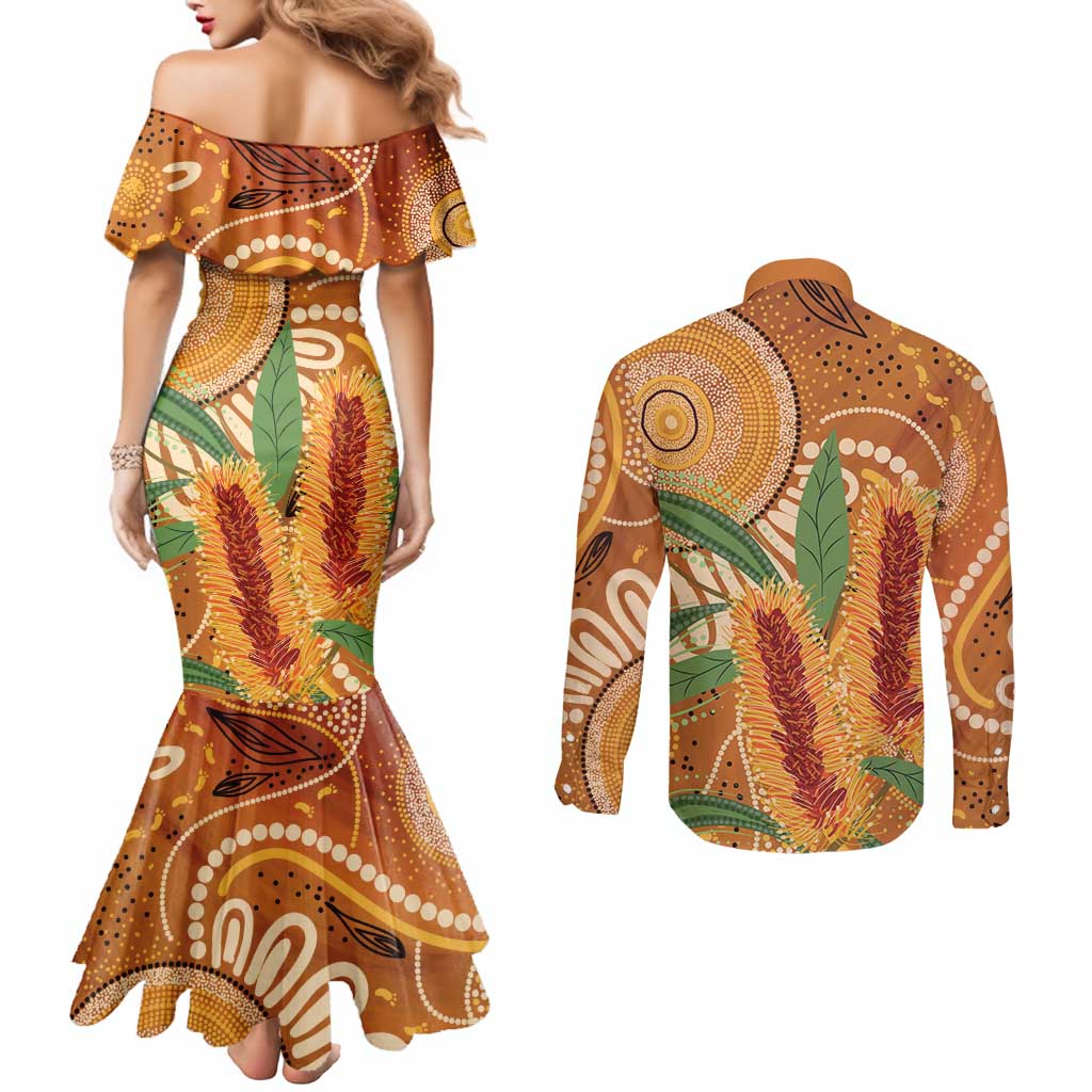 Australia Bottlebrush Couples Matching Mermaid Dress and Long Sleeve Button Shirt Callistemon Aussie Native Flowers Indigenous Art - Aussie Hoodie