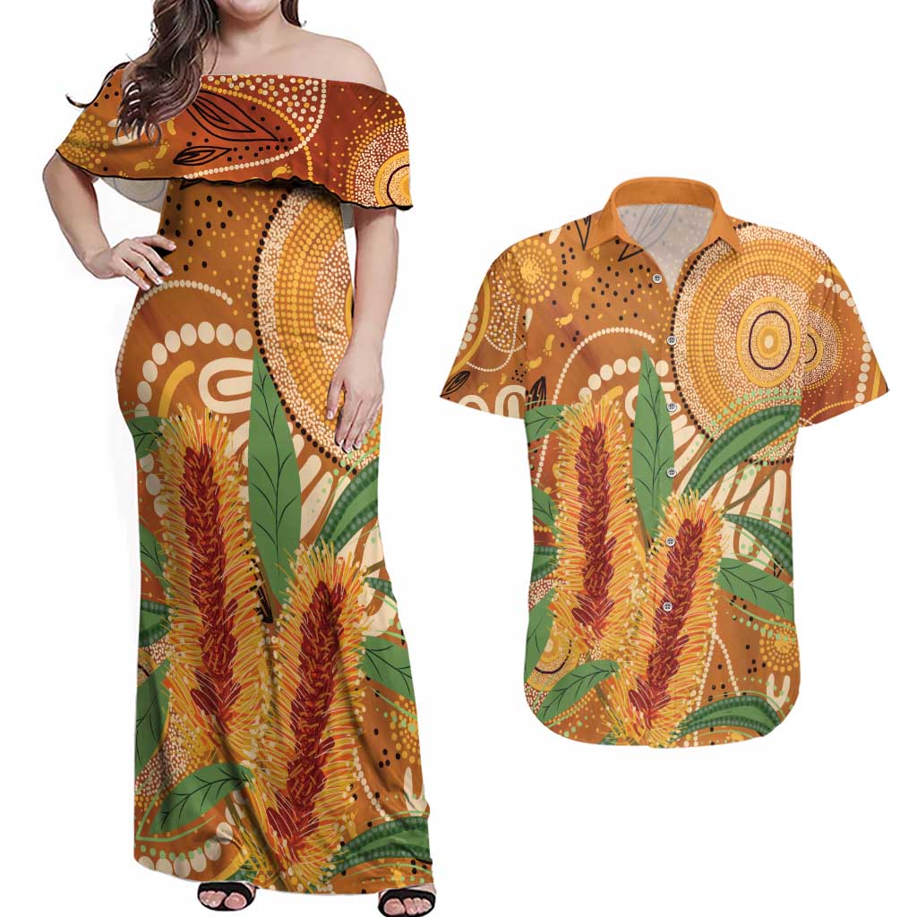 Australia Bottlebrush Couples Matching Off Shoulder Maxi Dress and Hawaiian Shirt Callistemon Aussie Native Flowers Indigenous Art - Aussie Hoodie