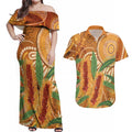 Australia Bottlebrush Couples Matching Off Shoulder Maxi Dress and Hawaiian Shirt Callistemon Aussie Native Flowers Indigenous Art - Aussie Hoodie