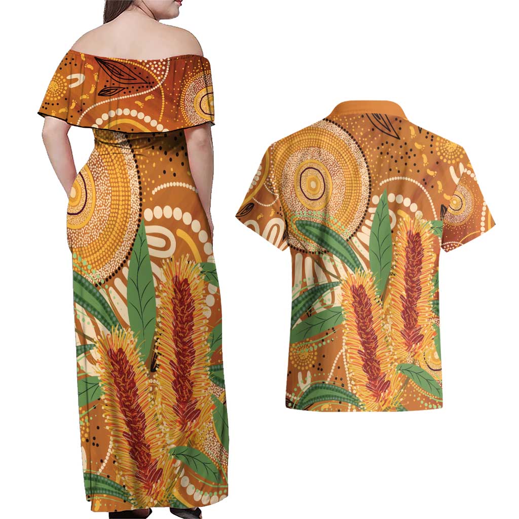 Australia Bottlebrush Couples Matching Off Shoulder Maxi Dress and Hawaiian Shirt Callistemon Aussie Native Flowers Indigenous Art - Aussie Hoodie