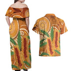 Australia Bottlebrush Couples Matching Off Shoulder Maxi Dress and Hawaiian Shirt Callistemon Aussie Native Flowers Indigenous Art - Aussie Hoodie