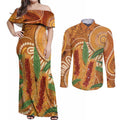 Australia Bottlebrush Couples Matching Off Shoulder Maxi Dress and Long Sleeve Button Shirt Callistemon Aussie Native Flowers Indigenous Art - Aussie Hoodie