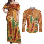 Australia Bottlebrush Couples Matching Off Shoulder Maxi Dress and Long Sleeve Button Shirt Callistemon Aussie Native Flowers Indigenous Art - Aussie Hoodie