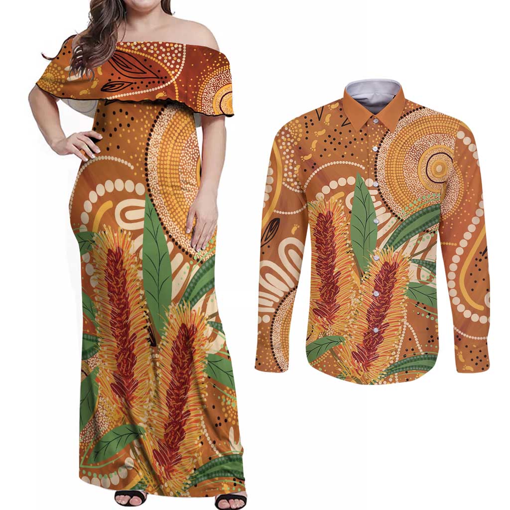 Australia Bottlebrush Couples Matching Off Shoulder Maxi Dress and Long Sleeve Button Shirt Callistemon Aussie Native Flowers Indigenous Art - Aussie Hoodie