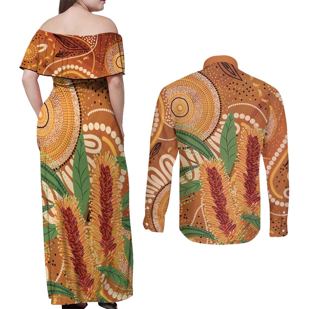 Australia Bottlebrush Couples Matching Off Shoulder Maxi Dress and Long Sleeve Button Shirt Callistemon Aussie Native Flowers Indigenous Art - Aussie Hoodie