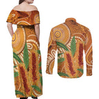 Australia Bottlebrush Couples Matching Off Shoulder Maxi Dress and Long Sleeve Button Shirt Callistemon Aussie Native Flowers Indigenous Art - Aussie Hoodie