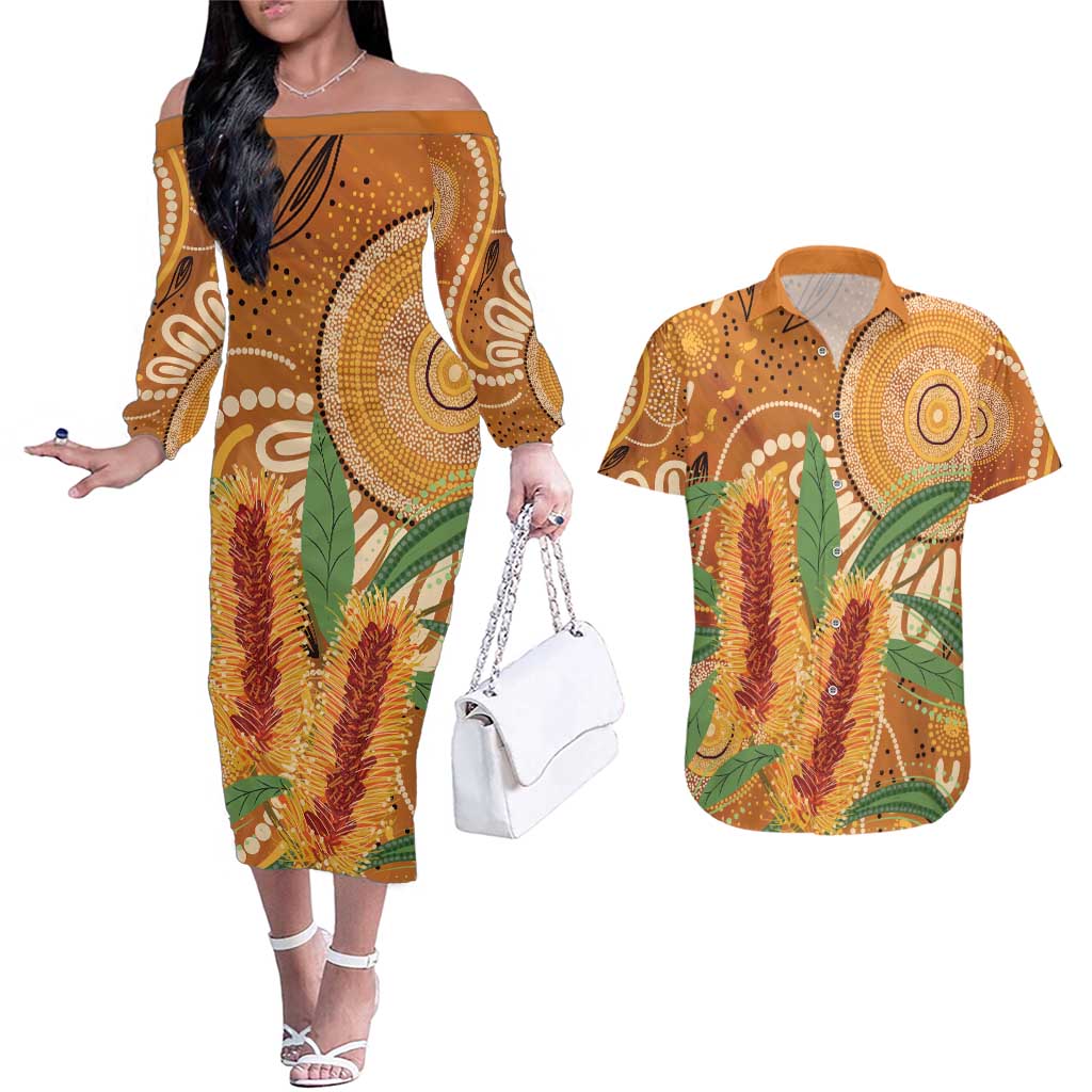 Australia Bottlebrush Couples Matching Off The Shoulder Long Sleeve Dress and Hawaiian Shirt Callistemon Aussie Native Flowers Indigenous Art - Aussie Hoodie