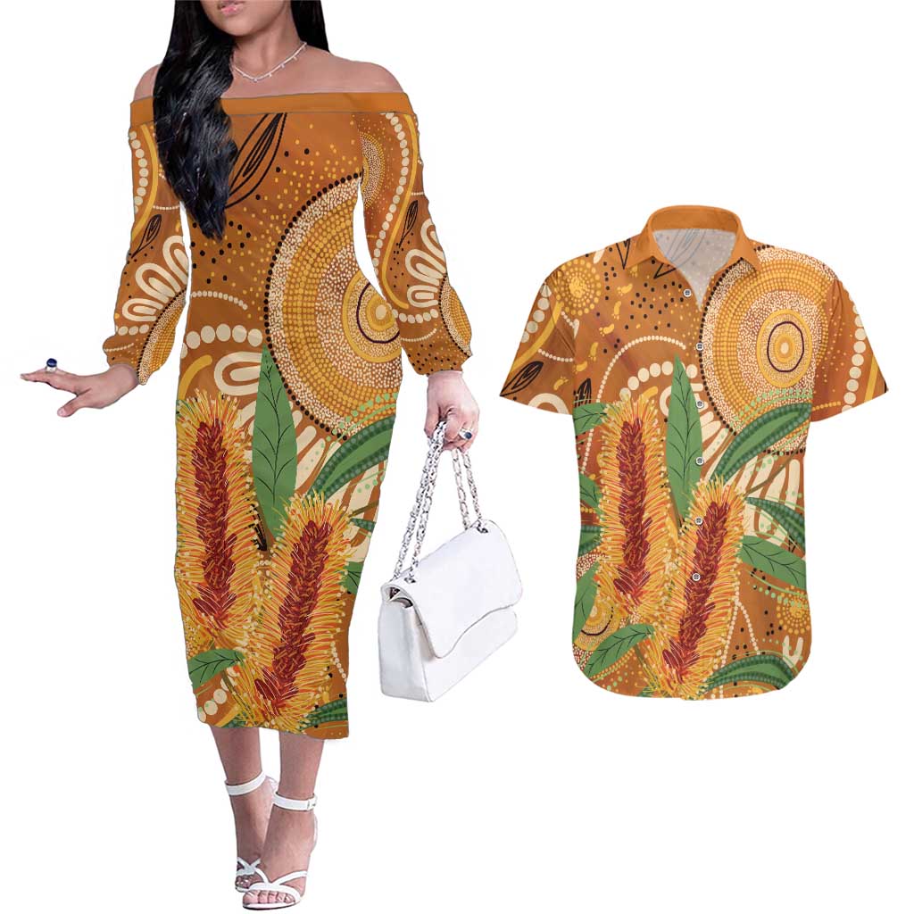 Australia Bottlebrush Couples Matching Off The Shoulder Long Sleeve Dress and Hawaiian Shirt Callistemon Aussie Native Flowers Indigenous Art - Aussie Hoodie