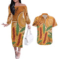 Australia Bottlebrush Couples Matching Off The Shoulder Long Sleeve Dress and Hawaiian Shirt Callistemon Aussie Native Flowers Indigenous Art - Aussie Hoodie