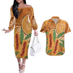 Australia Bottlebrush Couples Matching Off The Shoulder Long Sleeve Dress and Hawaiian Shirt Callistemon Aussie Native Flowers Indigenous Art - Aussie Hoodie