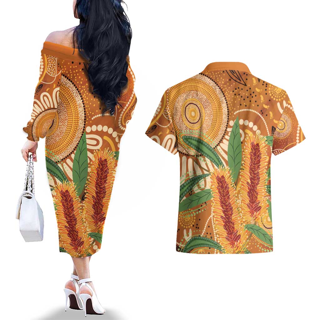 Australia Bottlebrush Couples Matching Off The Shoulder Long Sleeve Dress and Hawaiian Shirt Callistemon Aussie Native Flowers Indigenous Art - Aussie Hoodie