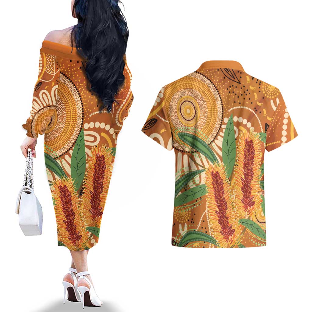 Australia Bottlebrush Couples Matching Off The Shoulder Long Sleeve Dress and Hawaiian Shirt Callistemon Aussie Native Flowers Indigenous Art - Aussie Hoodie