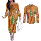 Australia Bottlebrush Couples Matching Off The Shoulder Long Sleeve Dress and Long Sleeve Button Shirt Callistemon Aussie Native Flowers Indigenous Art - Aussie Hoodie