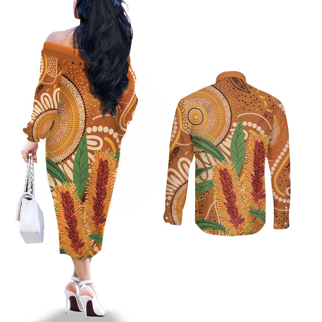 Australia Bottlebrush Couples Matching Off The Shoulder Long Sleeve Dress and Long Sleeve Button Shirt Callistemon Aussie Native Flowers Indigenous Art - Aussie Hoodie