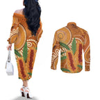 Australia Bottlebrush Couples Matching Off The Shoulder Long Sleeve Dress and Long Sleeve Button Shirt Callistemon Aussie Native Flowers Indigenous Art - Aussie Hoodie