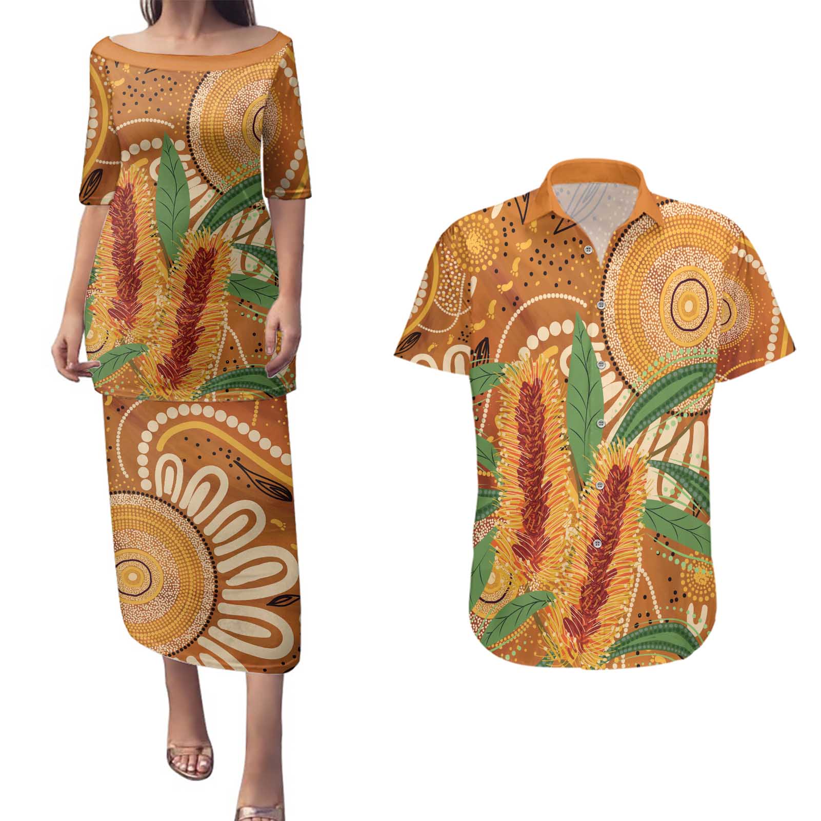 Australia Bottlebrush Couples Matching Puletasi and Hawaiian Shirt Callistemon Aussie Native Flowers Indigenous Art - Aussie Hoodie