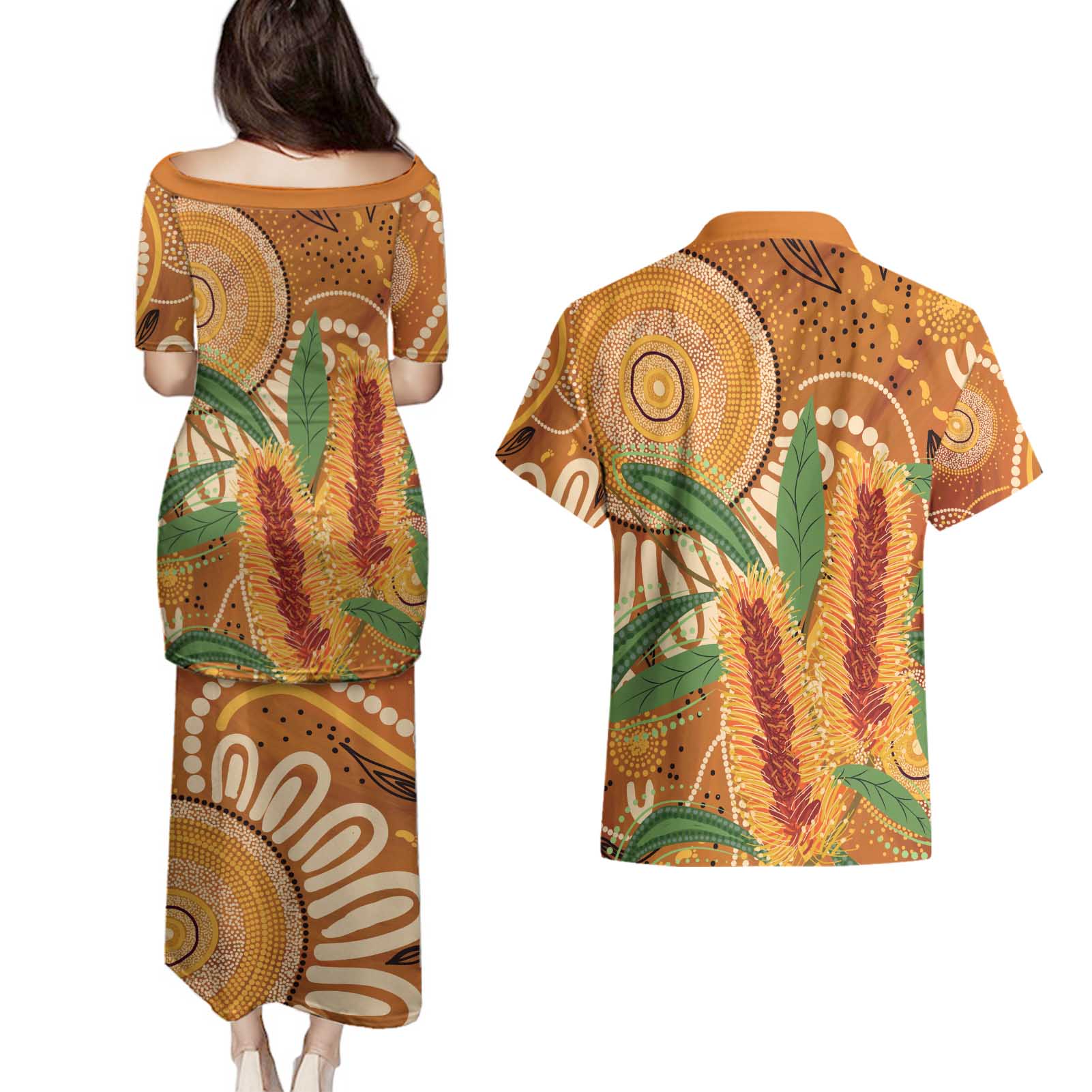 Australia Bottlebrush Couples Matching Puletasi and Hawaiian Shirt Callistemon Aussie Native Flowers Indigenous Art - Aussie Hoodie