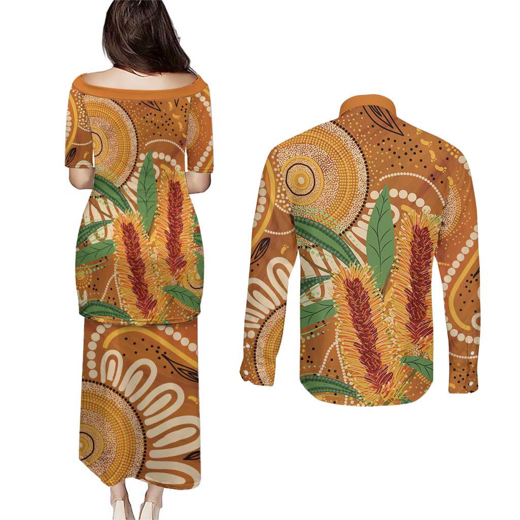 Australia Bottlebrush Couples Matching Puletasi and Long Sleeve Button Shirt Callistemon Aussie Native Flowers Indigenous Art - Aussie Hoodie