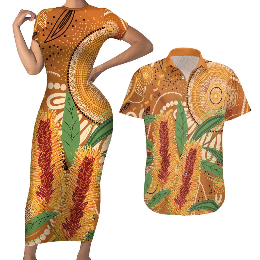 Australia Bottlebrush Couples Matching Short Sleeve Bodycon Dress and Hawaiian Shirt Callistemon Aussie Native Flowers Indigenous Art - Aussie Hoodie