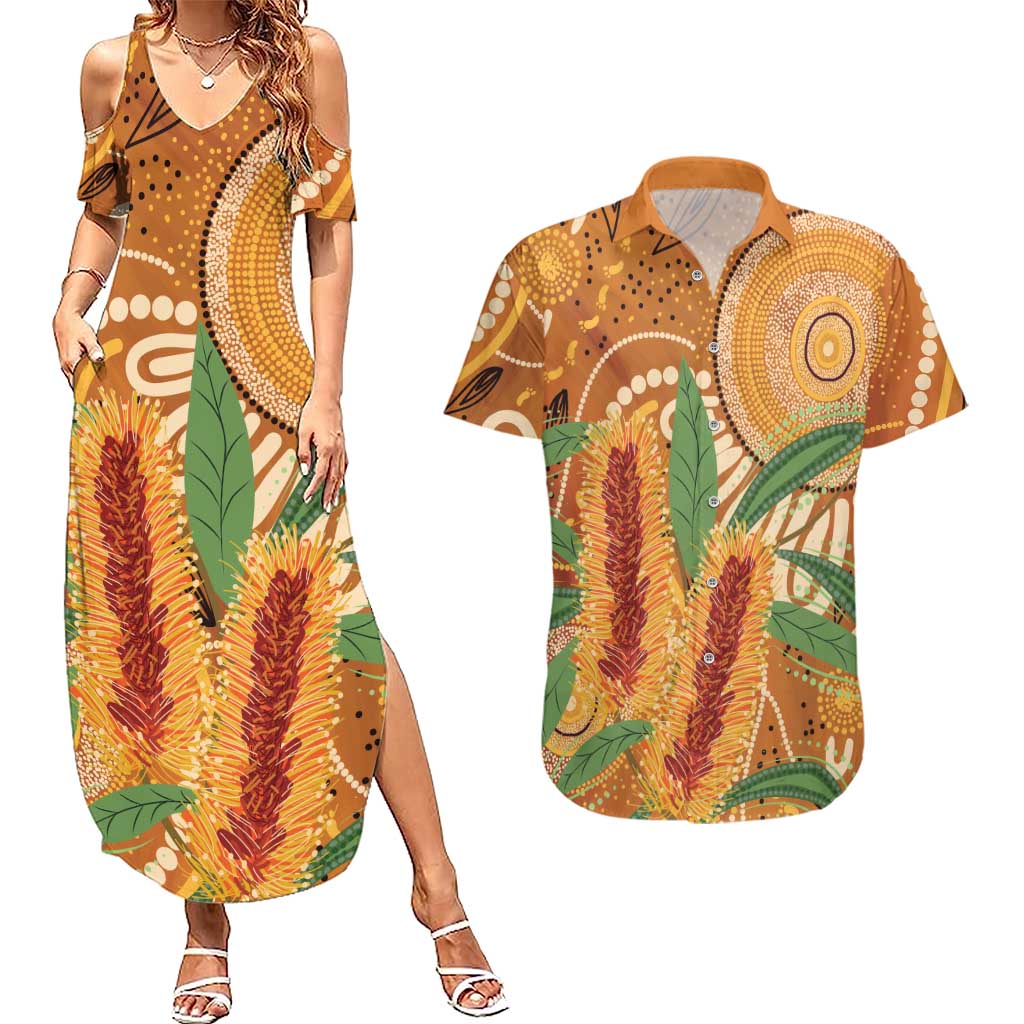 Australia Bottlebrush Couples Matching Summer Maxi Dress and Hawaiian Shirt Callistemon Aussie Native Flowers Indigenous Art - Aussie Hoodie