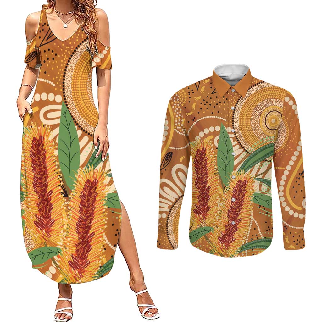 Australia Bottlebrush Couples Matching Summer Maxi Dress and Long Sleeve Button Shirt Callistemon Aussie Native Flowers Indigenous Art - Aussie Hoodie
