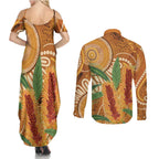 Australia Bottlebrush Couples Matching Summer Maxi Dress and Long Sleeve Button Shirt Callistemon Aussie Native Flowers Indigenous Art - Aussie Hoodie