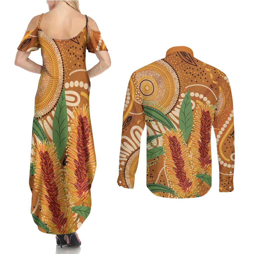 Australia Bottlebrush Couples Matching Summer Maxi Dress and Long Sleeve Button Shirt Callistemon Aussie Native Flowers Indigenous Art - Aussie Hoodie