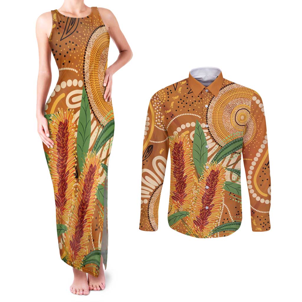 Australia Bottlebrush Couples Matching Tank Maxi Dress and Long Sleeve Button Shirt Callistemon Aussie Native Flowers Indigenous Art - Aussie Hoodie