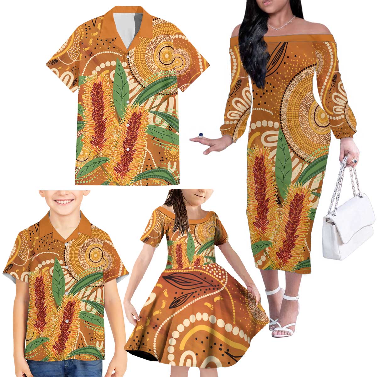 Australia Bottlebrush Family Matching Off The Shoulder Long Sleeve Dress and Hawaiian Shirt Callistemon Aussie Native Flowers Indigenous Art - Aussie Hoodie