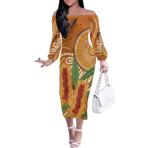 Australia Bottlebrush Family Matching Off The Shoulder Long Sleeve Dress and Hawaiian Shirt Callistemon Aussie Native Flowers Indigenous Art - Aussie Hoodie