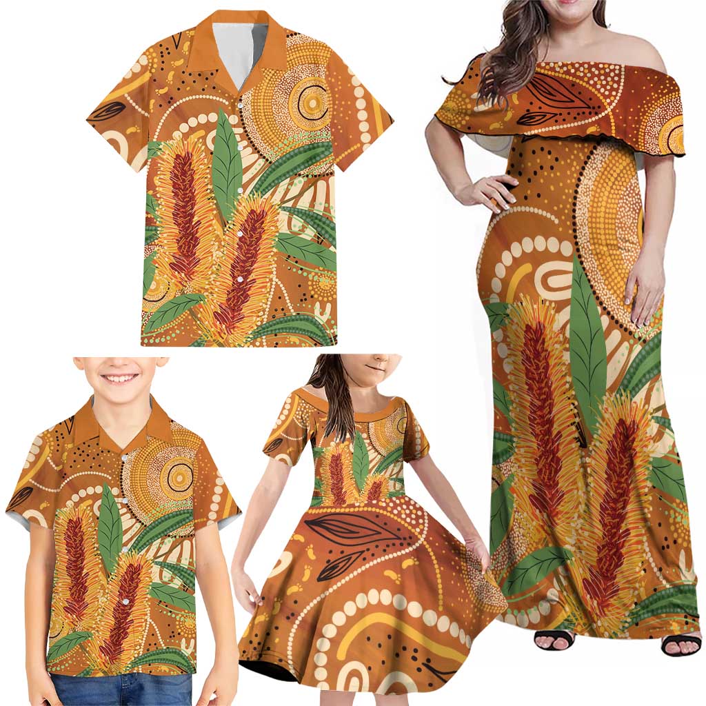 Australia Bottlebrush Family Matching Off Shoulder Maxi Dress and Hawaiian Shirt Callistemon Aussie Native Flowers Indigenous Art - Aussie Hoodie