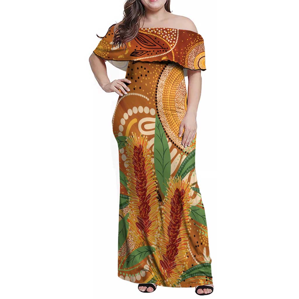 Australia Bottlebrush Family Matching Off Shoulder Maxi Dress and Hawaiian Shirt Callistemon Aussie Native Flowers Indigenous Art - Aussie Hoodie