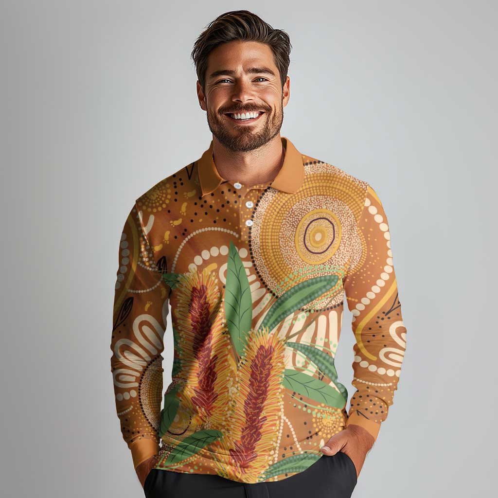 Australia Bottlebrush Long Sleeve Polo Shirt Callistemon Aussie Native Flowers Indigenous Art - Aussie Hoodie