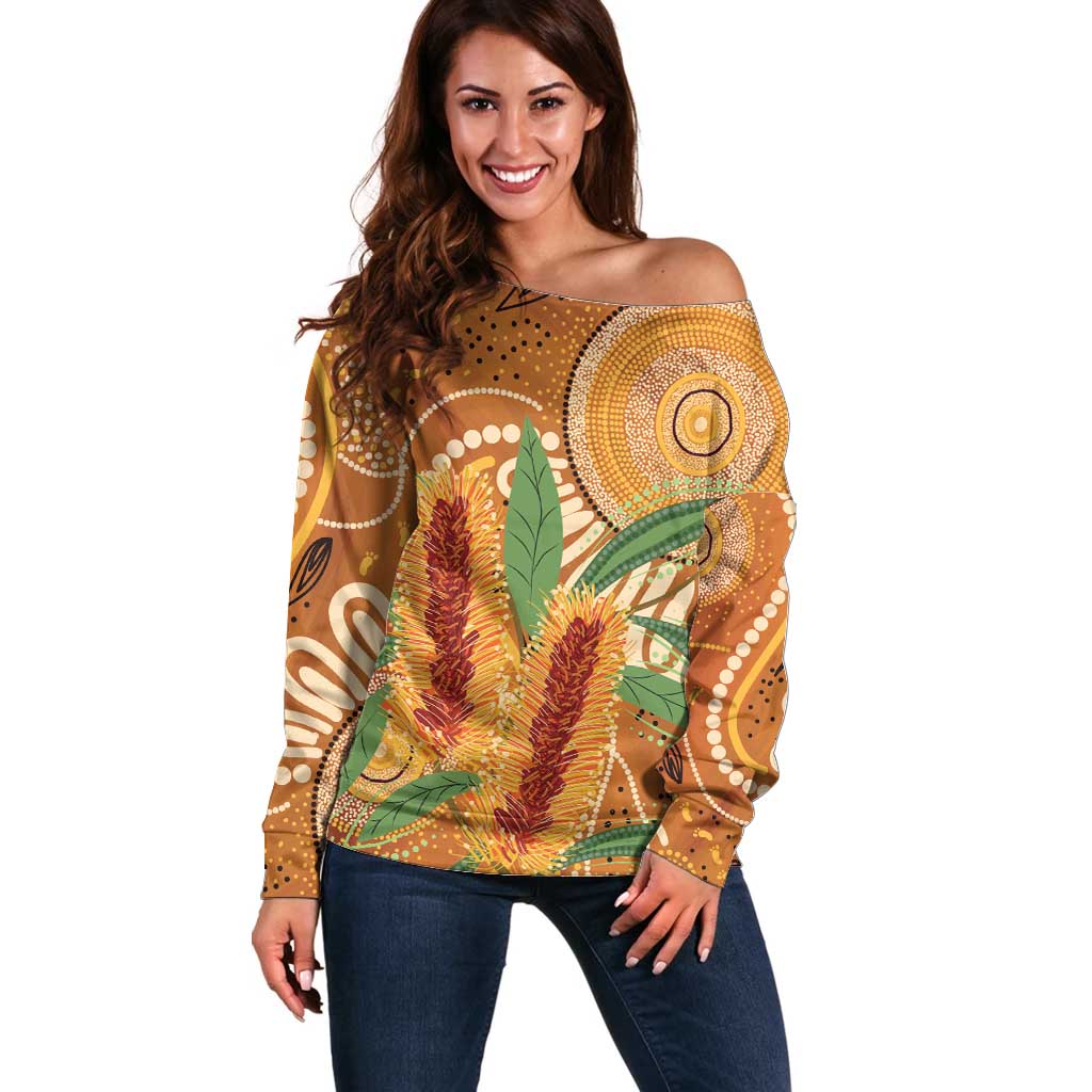 Australia Bottlebrush Off Shoulder Sweater Callistemon Aussie Native Flowers Indigenous Art - Aussie Hoodie