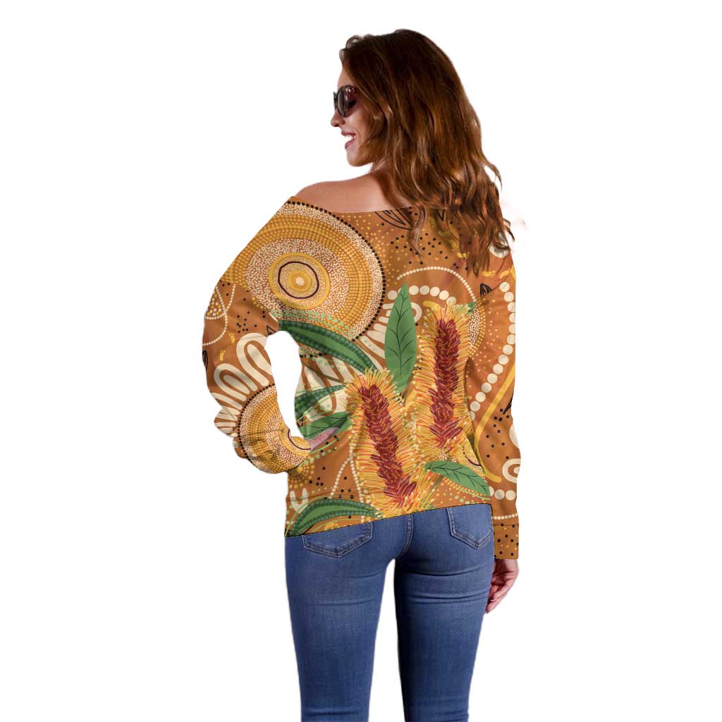 Australia Bottlebrush Off Shoulder Sweater Callistemon Aussie Native Flowers Indigenous Art - Aussie Hoodie