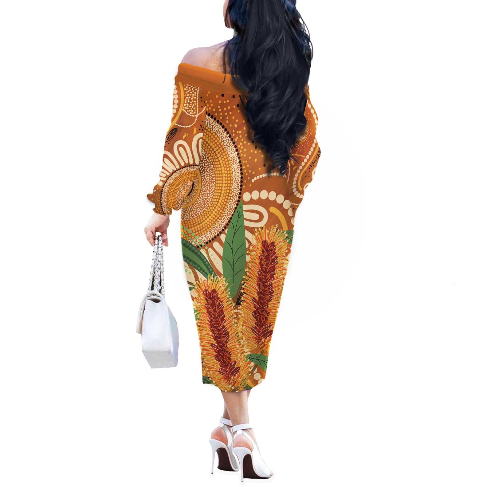 Australia Bottlebrush Off The Shoulder Long Sleeve Dress Callistemon Aussie Native Flowers Indigenous Art - Aussie Hoodie