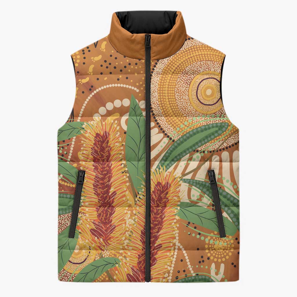 Australia Bottlebrush Sleeveless Puffer Jacket Callistemon Aussie Native Flowers Indigenous Art - Aussie Hoodie