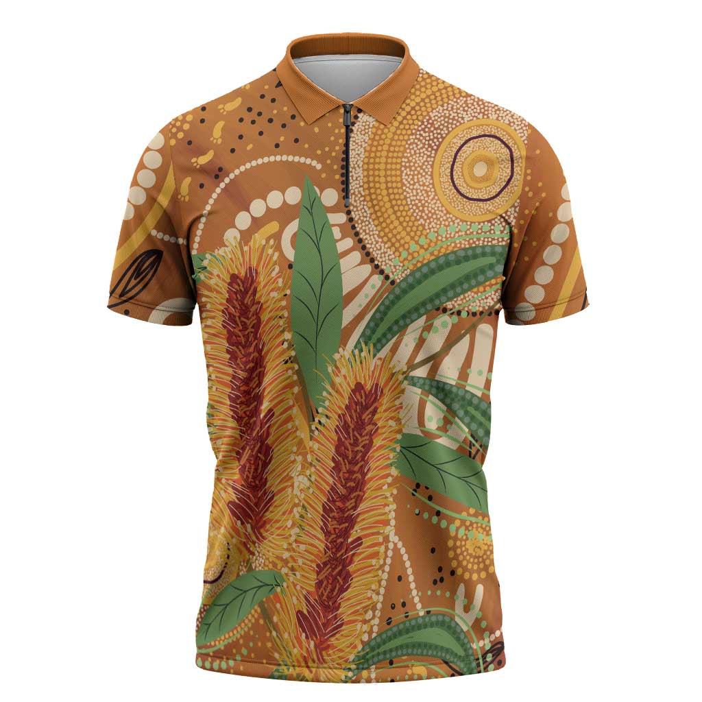 Australia Bottlebrush Zipper Polo Shirt Callistemon Aussie Native Flowers Indigenous Art - Aussie Hoodie