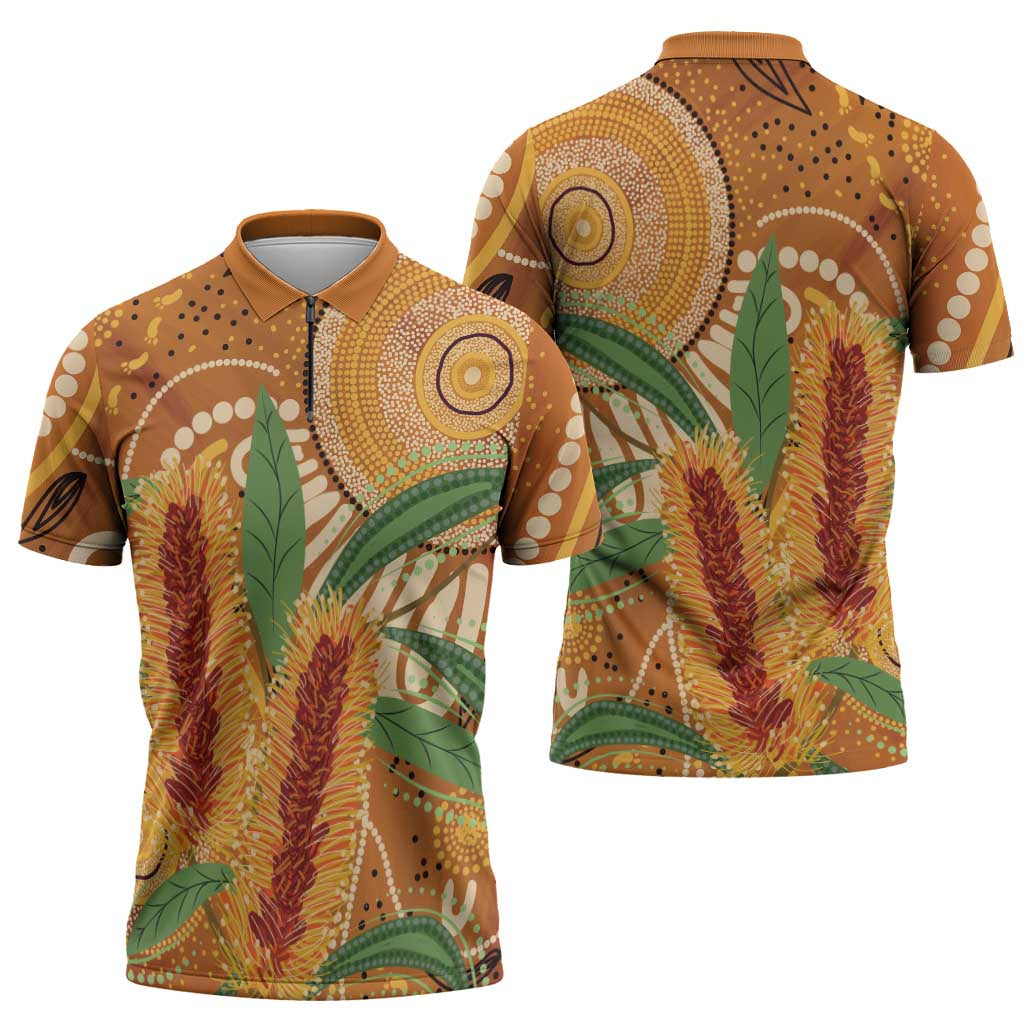 Australia Bottlebrush Zipper Polo Shirt Callistemon Aussie Native Flowers Indigenous Art - Aussie Hoodie