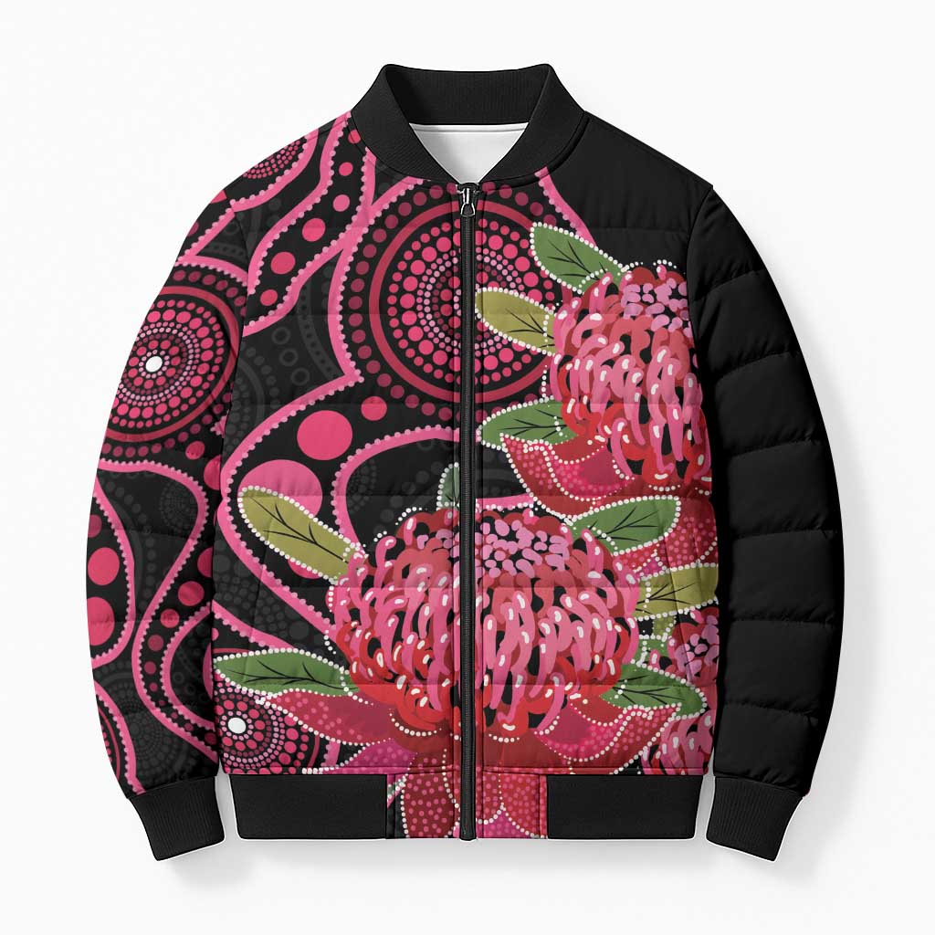 Australia Waratah Bomber Puffer Jacket Telopea Aussie Native Flowers Indigenous Art - Aussie Hoodie